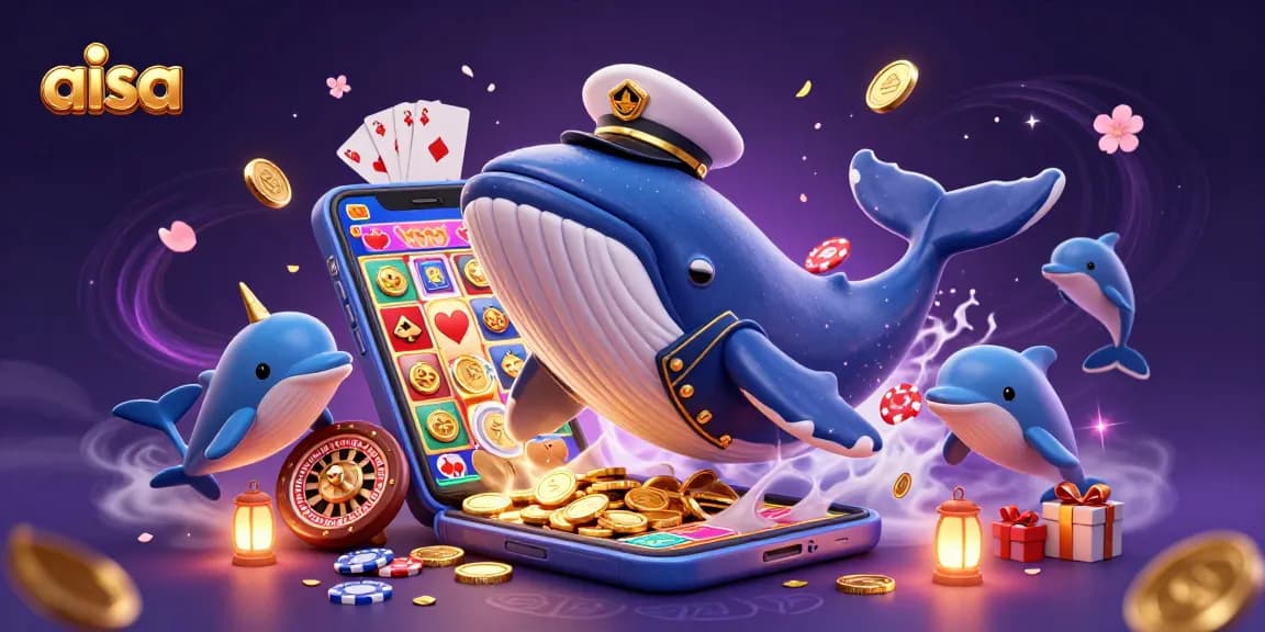 A dynamic illustration of a gigantic cartoon whale, a narwhal, and dolphins showcasing exciting casino games at aisa.