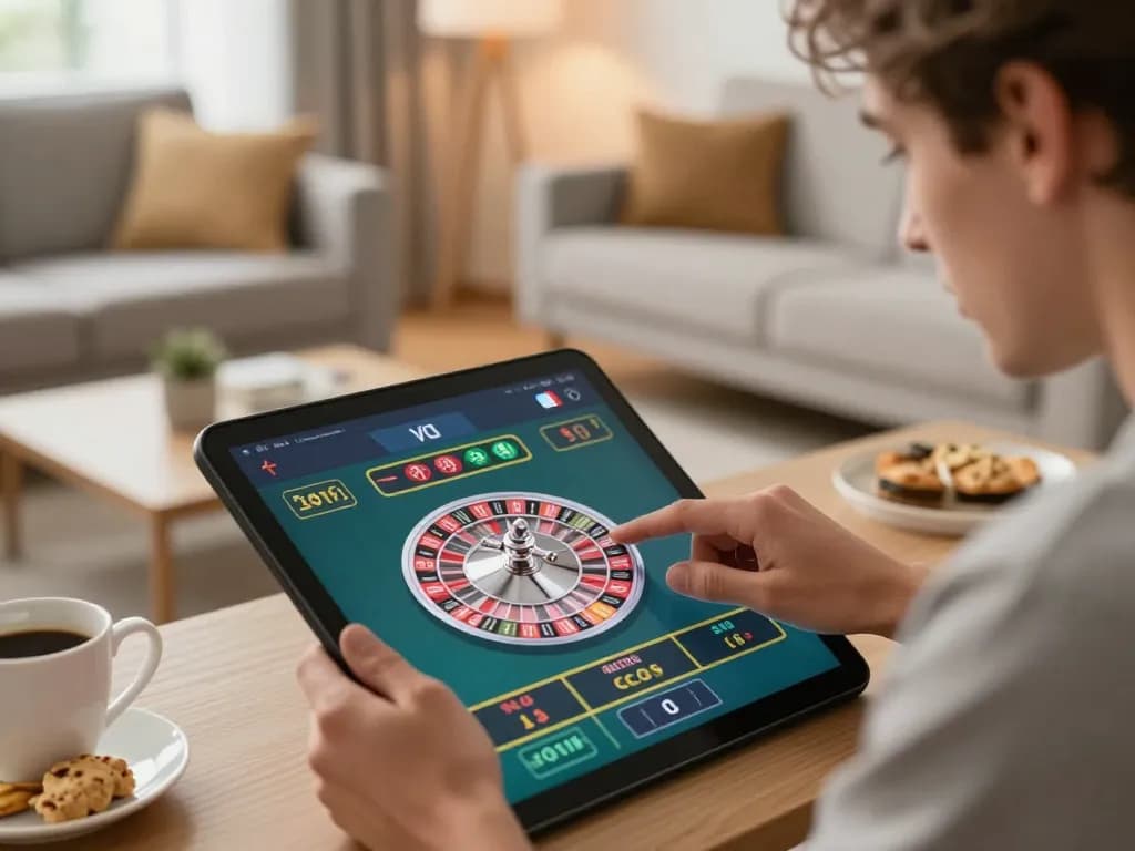 Engaged player enjoying online roulette with Link mới Vin88 app on mobile in cozy home setting.