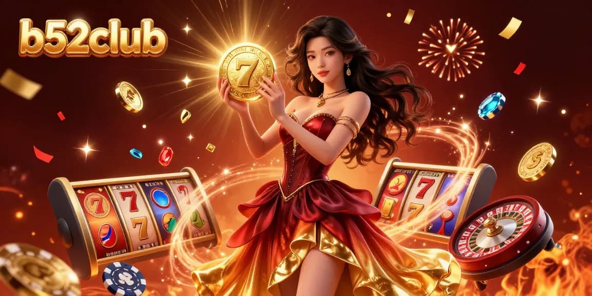 B52club showcases a stunning Asian woman holding a golden coin amidst a festive casino atmosphere.