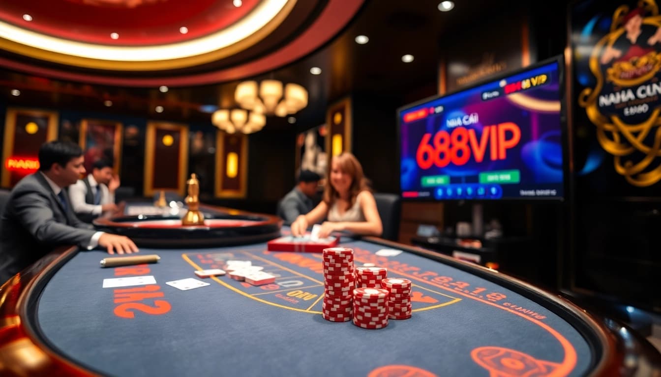 Exciting gambling table scene with players at Nhà Cái 68VIP, poker chips, and a roulette wheel.