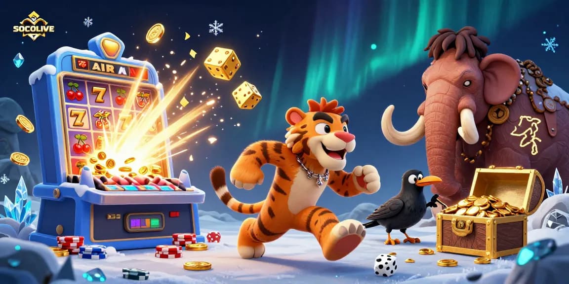 SOCOLIVE presents a colorful 3D casino scene showcasing the excitement of gambling with prehistoric characters and dynamic game elements.