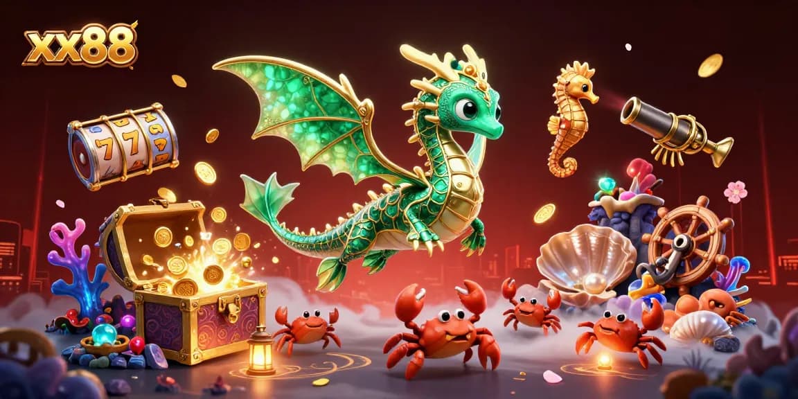 Experience thrilling gameplay at xx88 with an enchanting underwater dragon and treasure chests.