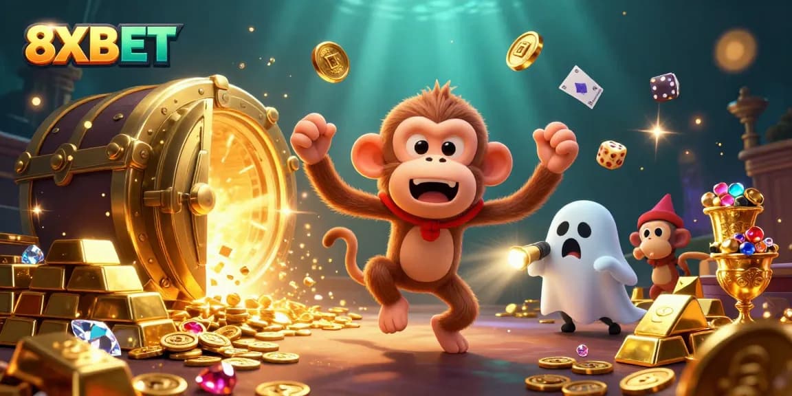 Join the action at 8XBET with cartoon characters engaging in a haunted casino adventure.