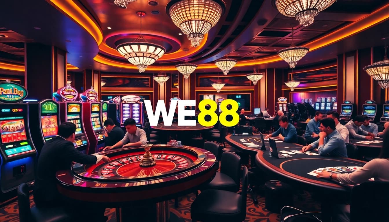Players enjoying a lively WE88 casino experience with vibrant tables, lights, and gaming action.