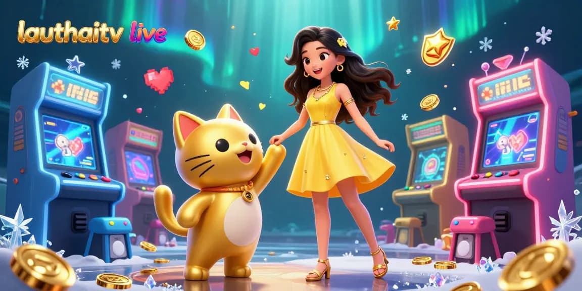 Play on lauthaitv live with immersive casino elements, featuring a cheerful Asian woman and a golden lucky cat.