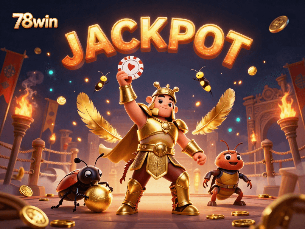 Engage in thrilling bets with the 78win casino's vibrant 3D illustration showcasing a victorious beetle and a jackpot celebration.