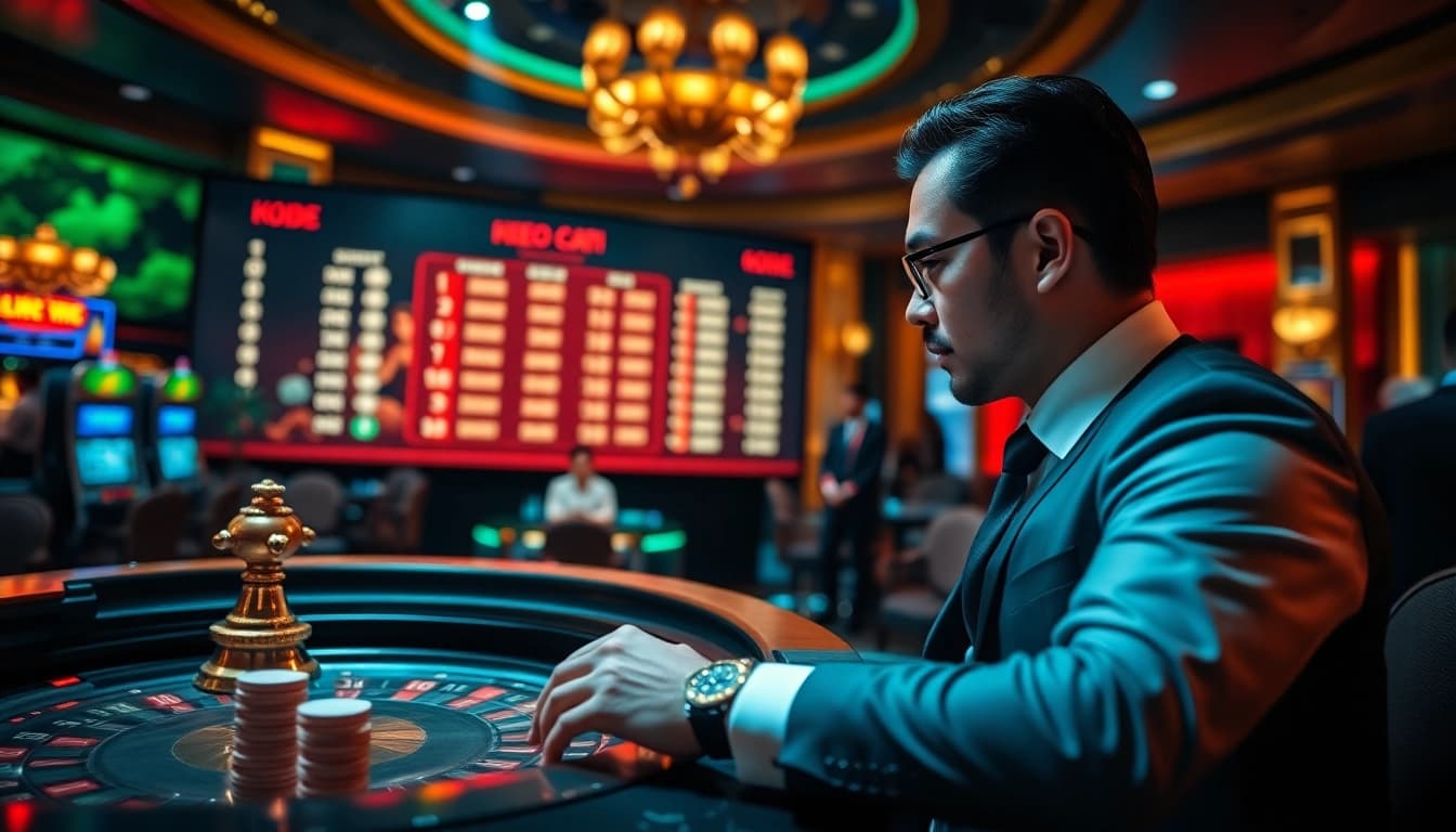 Kèo Nhà Cái insights displayed as a gambler evaluates betting odds in a luxurious casino.