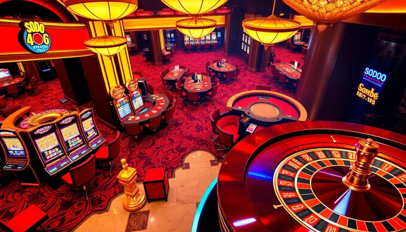 Experience the thrill of gaming at SODO66 with vibrant casino tables and slot machines.