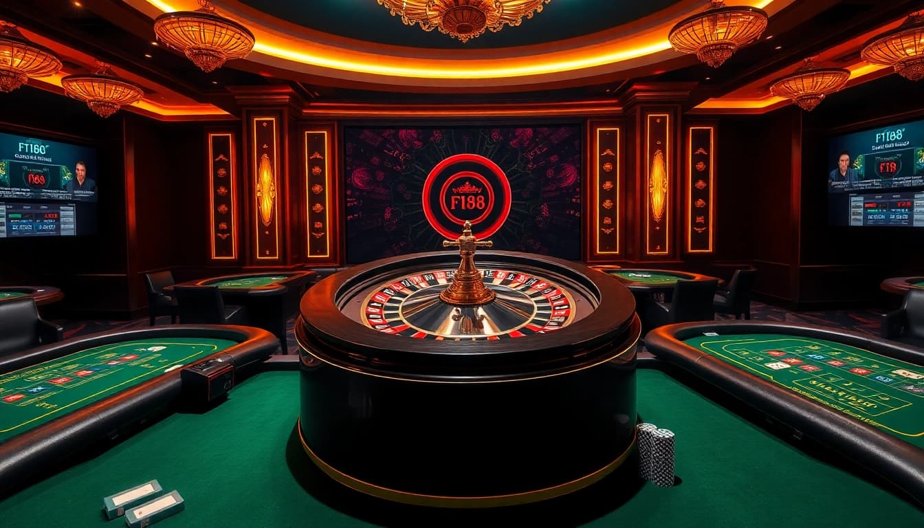 F168 casino scene featuring an exciting roulette wheel and elegant poker tables, embodying luxurious gambling.