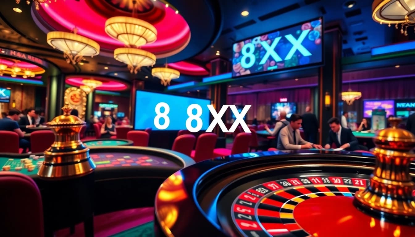 Exciting casino atmosphere with 8XX prominently displayed on the roulette wheel during gameplay.