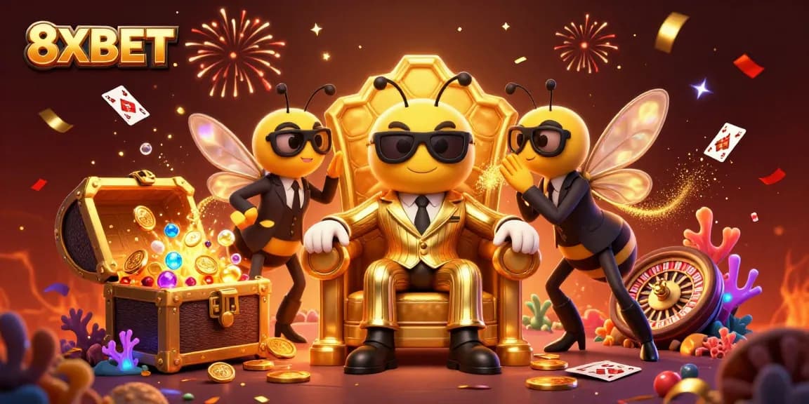 Generate excitement with 8XBET in a vibrant gambling-themed 3D illustration of characters and casino elements.