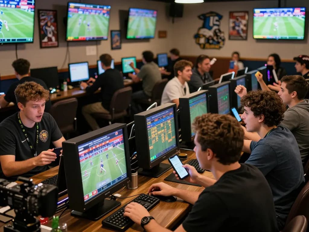 Engaging sports fans actively placing bets on Nowgoal in a lively betting lounge atmosphere