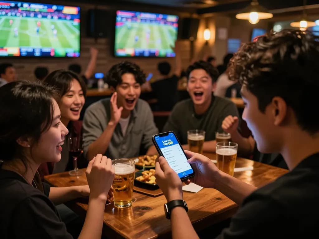 Betting on sports using Link mới Sky88 while friends cheer in a vibrant sports bar atmosphere.