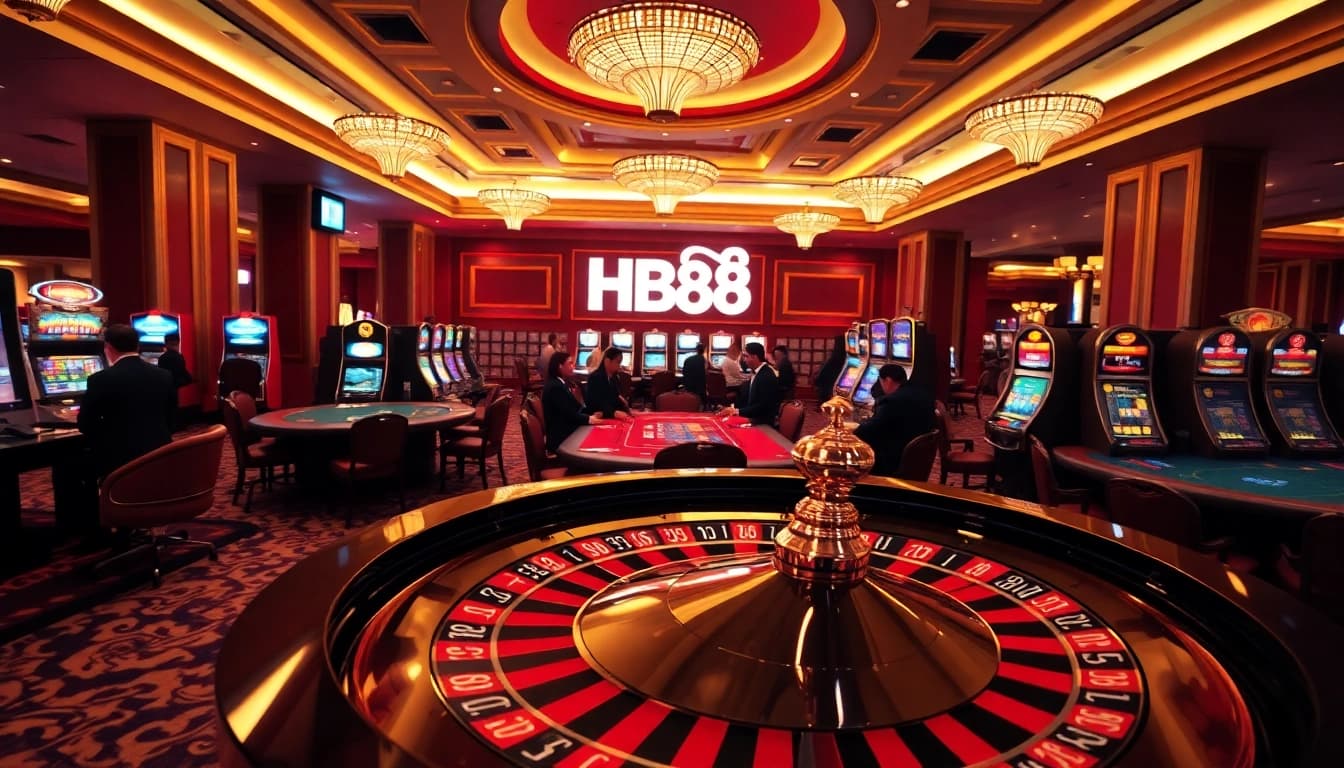 Players enjoying exhilarating games at HB88 casino, featuring roulette and poker tables.
