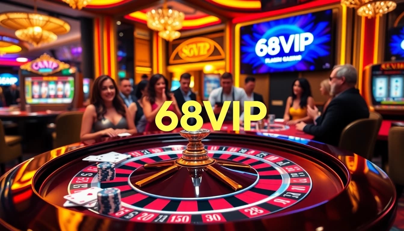 Excited players gather around a roulette table at 68VIP casino, showcasing thrilling gambling action.