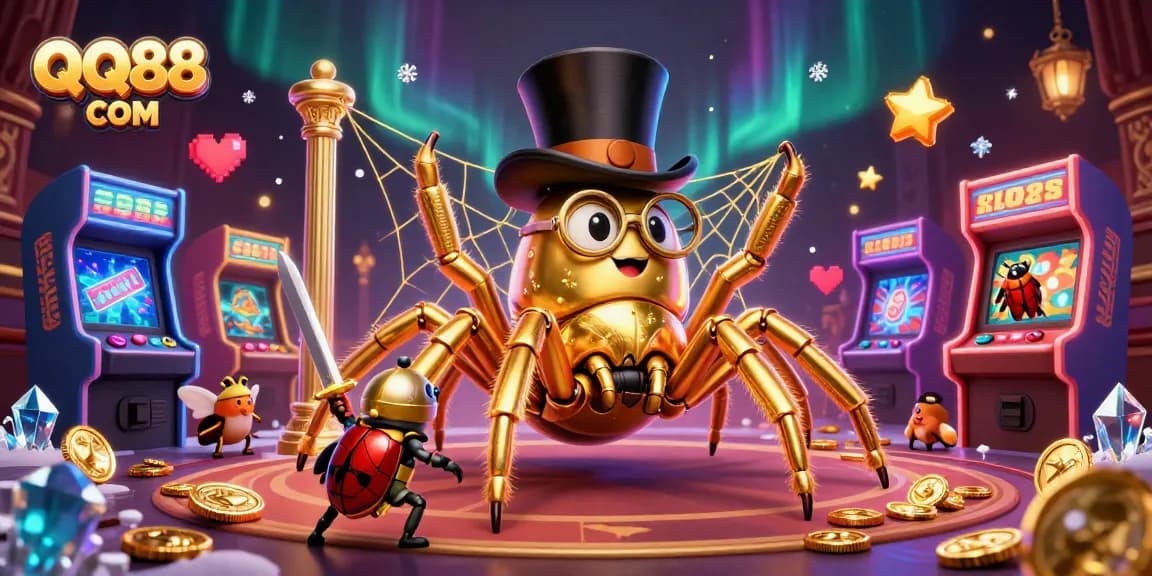 Experience the thrill at QQ88 COM with golden tarantula and beetle knight in a vibrant casino scene.