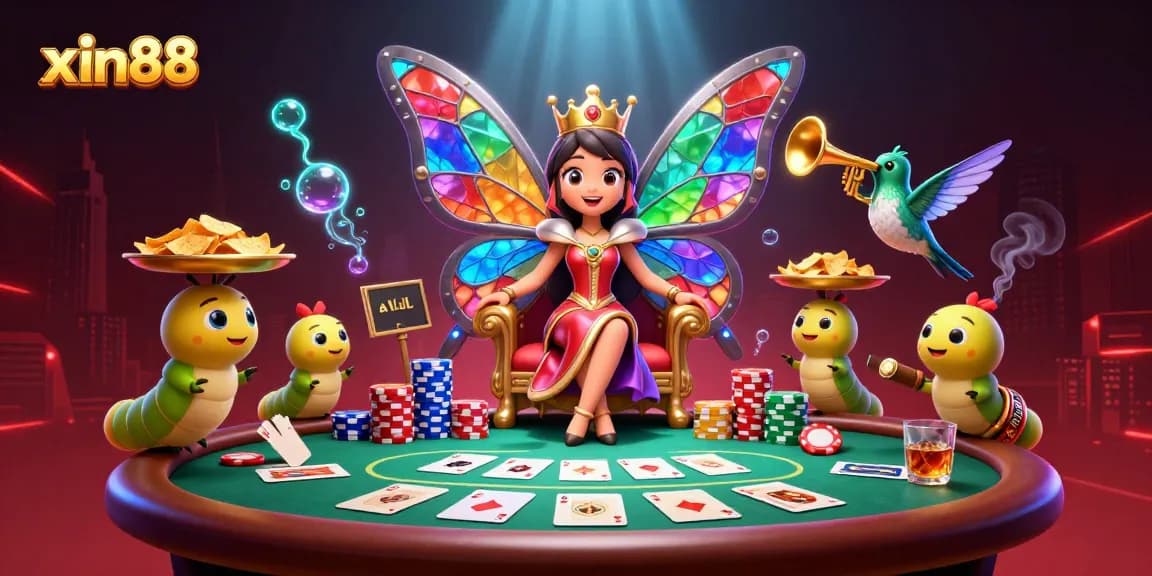 Engage with xin88 as a vibrant butterfly queen commands the poker table in a dazzling casino scene.