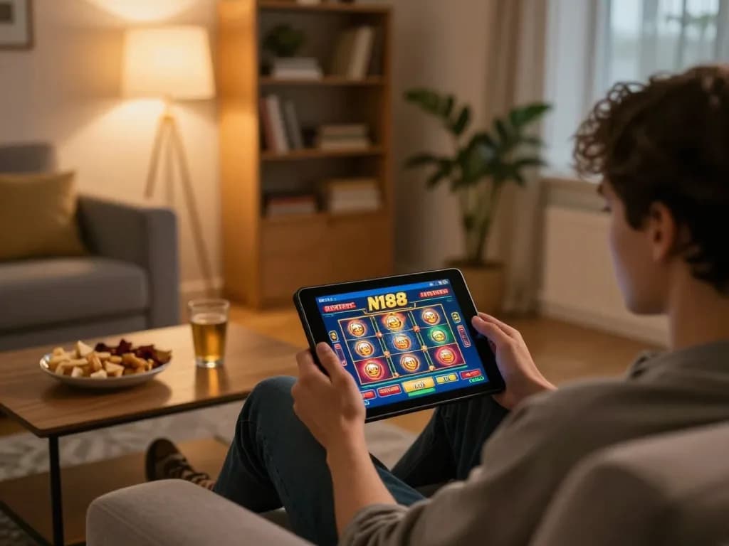 N188 casino player engaged in online slot game from home, showcasing an inviting gaming setup