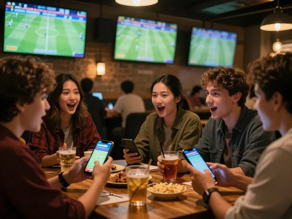 Socolive users engaging in live sports betting, enjoying a dynamic atmosphere with friends and multiple screens.