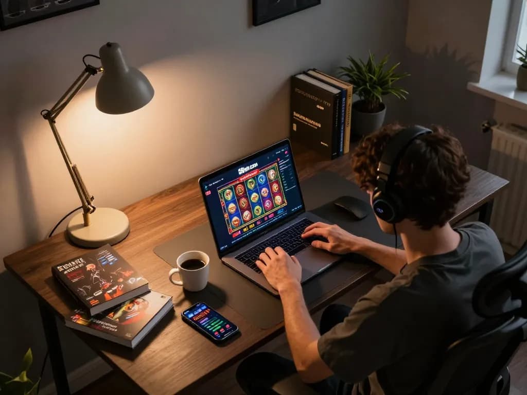Engaged player using 58win com for online slot games in modern home setup.