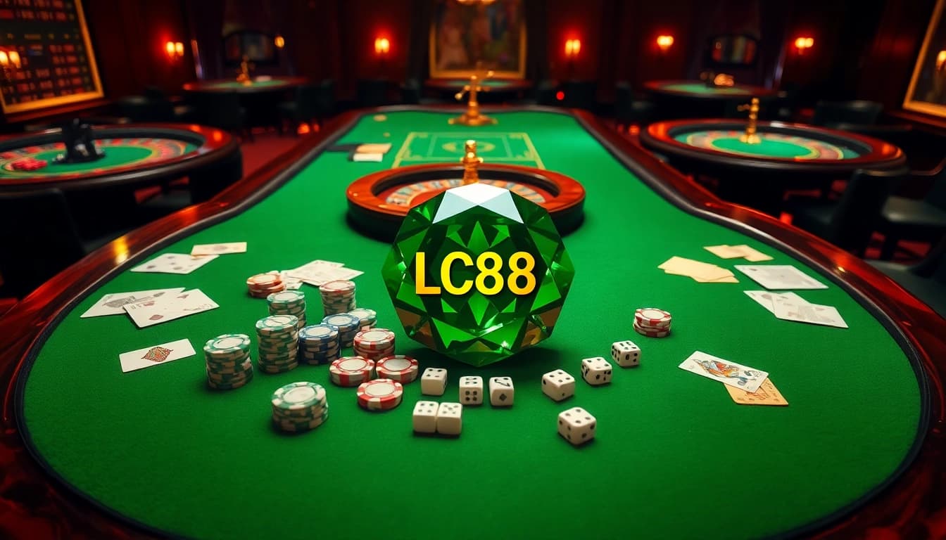 Experience excitement at LC88 gem casino with vibrant tables, cards, and winning elements.