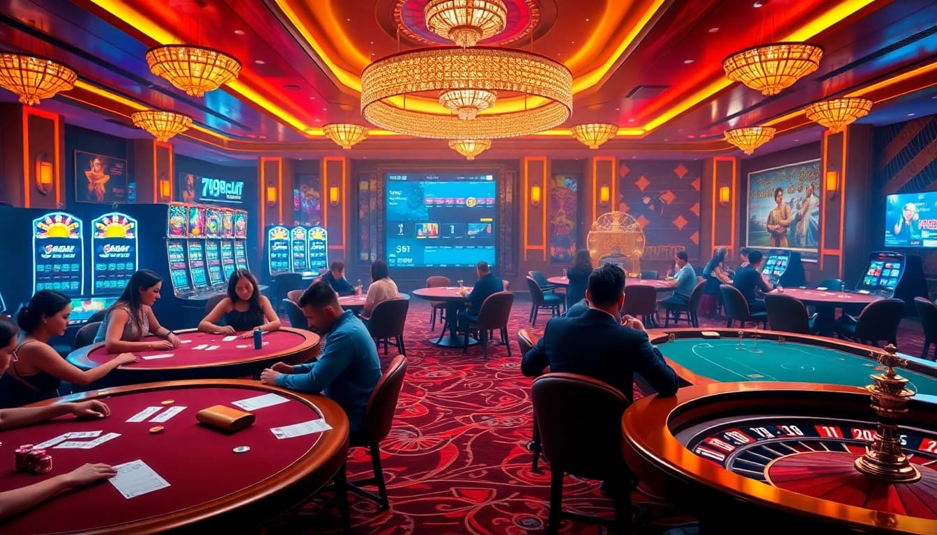 Experience the excitement of 789club with players engaging at vibrant casino tables filled with chips and cards.