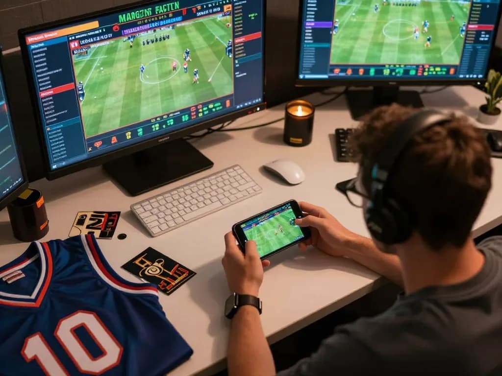 Person engaged in keobongda online sports betting on smartphone with game stats visible, creating thrilling atmosphere