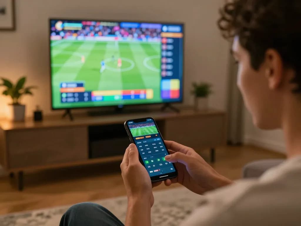 KÈO TRỰC TUYẾN user analyzing soccer betting odds on a smartphone in a modern home.