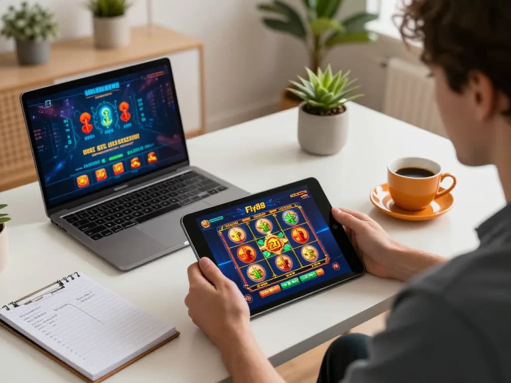 Engaging in fly88 online casino gaming with tablet showcasing vibrant slot games, cozy home setup