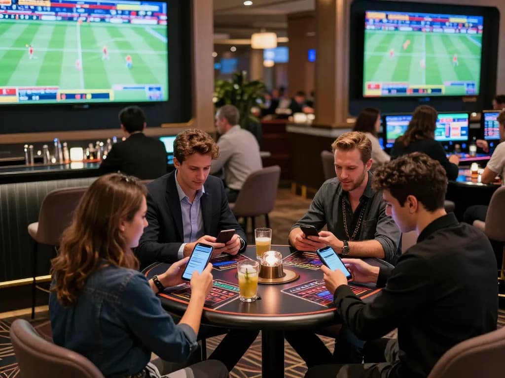 Engaging sports betting scene showcasing fly88 app being used for live betting during a match