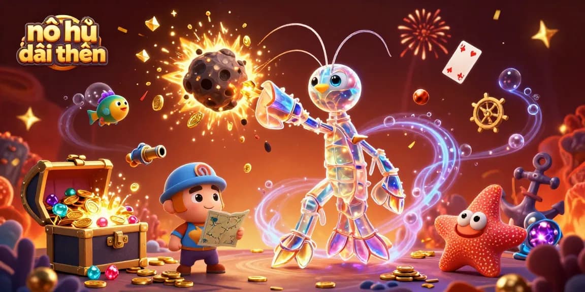 Experience thrilling nổ hũ đổi thưởng gameplay with dazzling gems and exciting winning moments in this vibrant illustration.