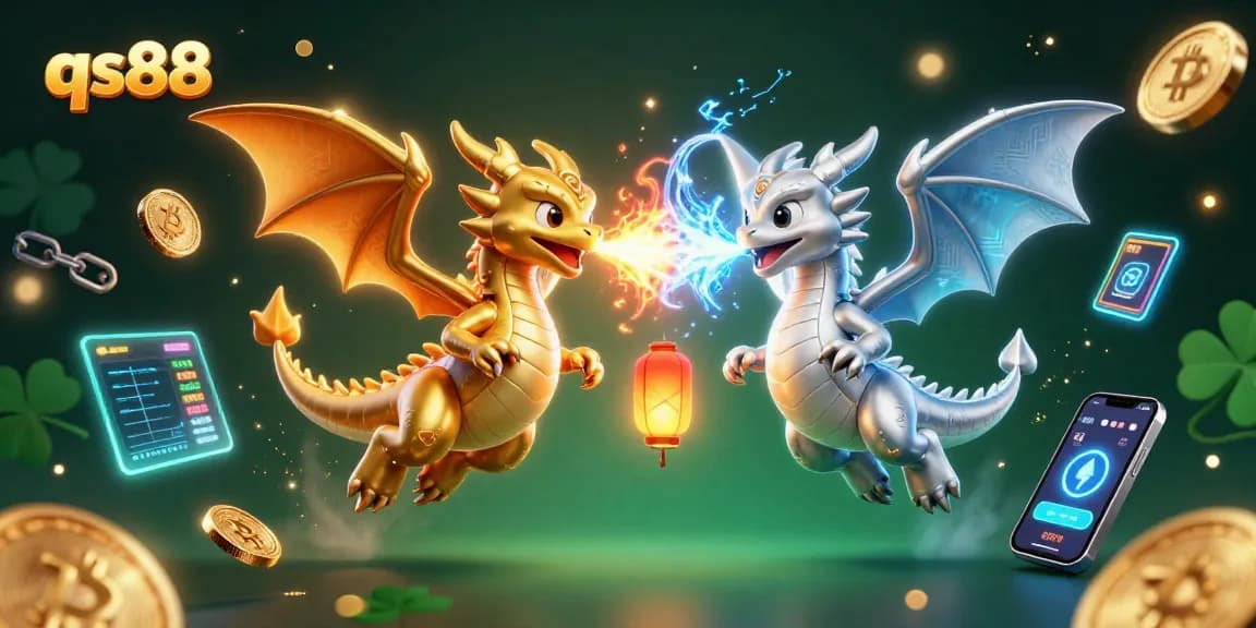 Engage with qs88's immersive gaming world featuring gold and silver dragons and crypto elements.