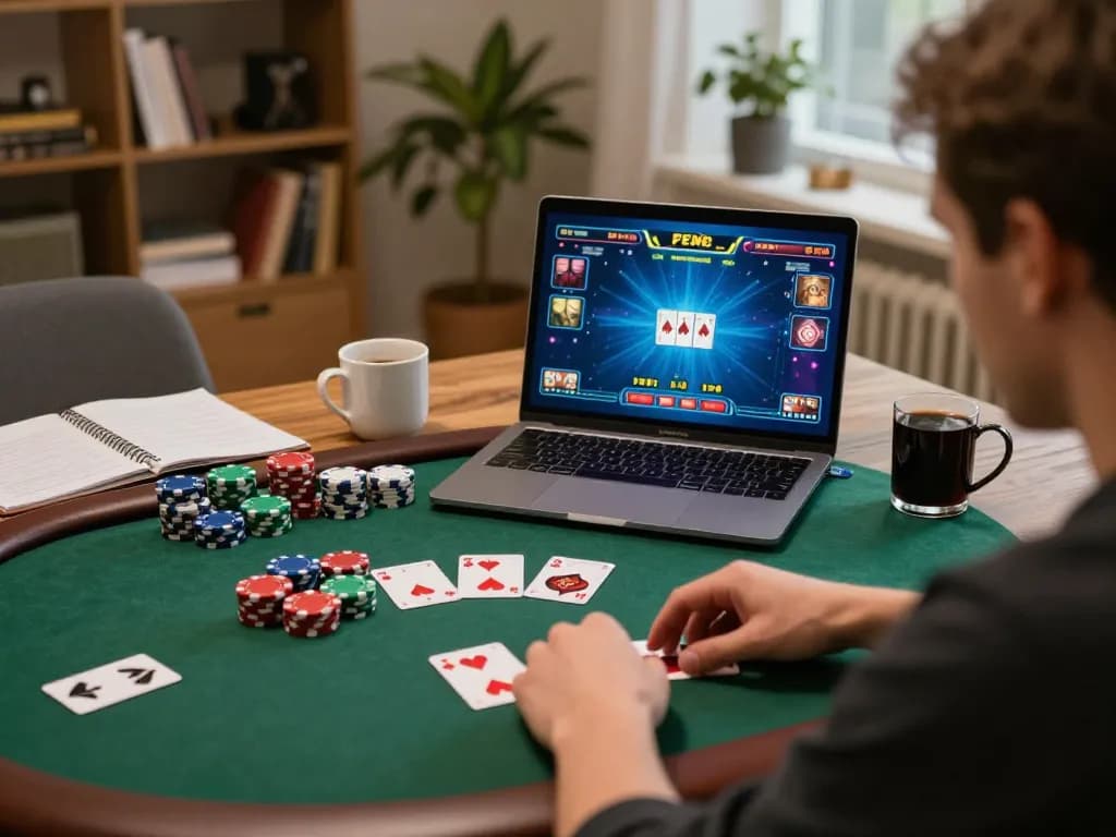Player exploring strategic poker gameplay on MM88 platform in a cozy home setup