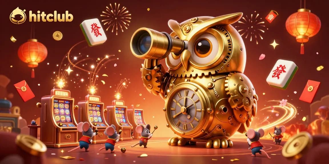 Explore vibrant hitclub casino celebration with a golden owl and dynamic gaming elements in a rich scene.