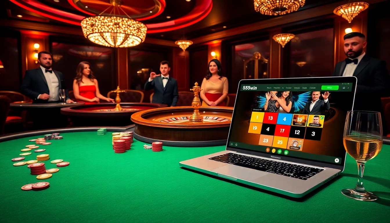 Engaging gameplay at 555w.in casino table with vibrant poker chips and a roulette wheel.