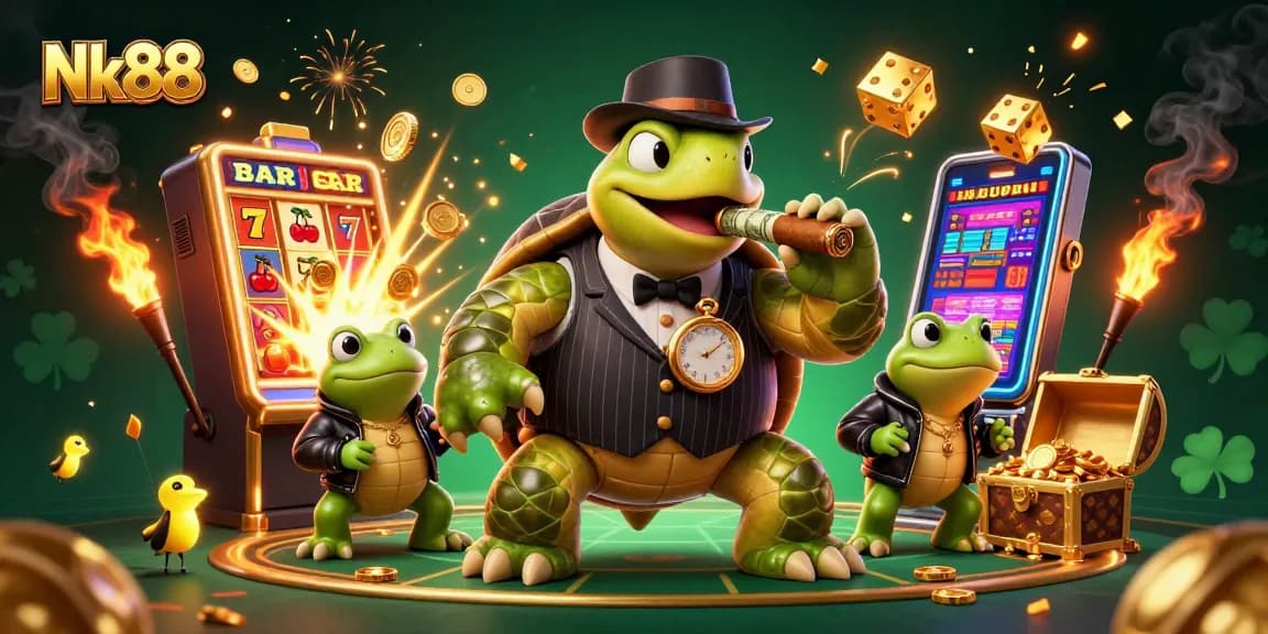 Experience exciting gameplay at Nk88, featuring dynamic cartoon characters and vibrant casino elements.