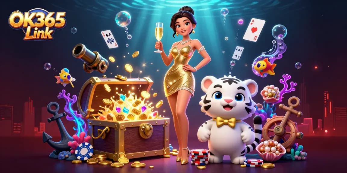 Experience the excitement of online gaming at OK365 Link with a glamorous casino scene featuring a lucky white tiger cub.