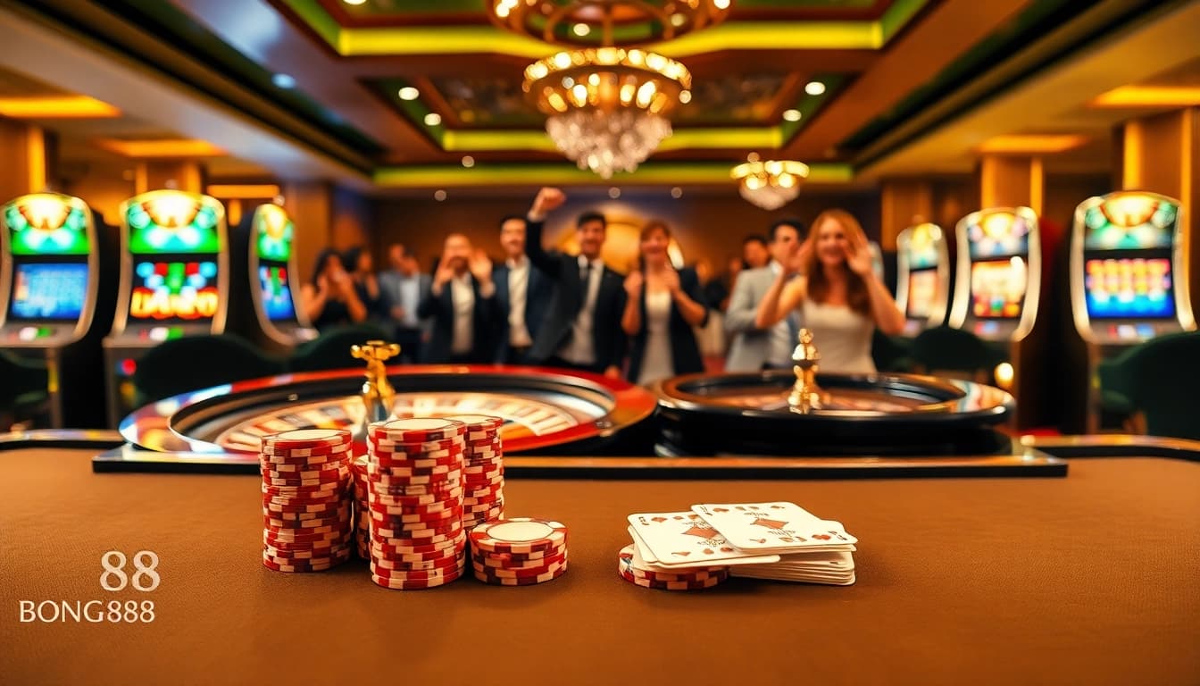 Bong 88 players enjoying poker at a luxurious casino table surrounded by vibrant gambling machines.