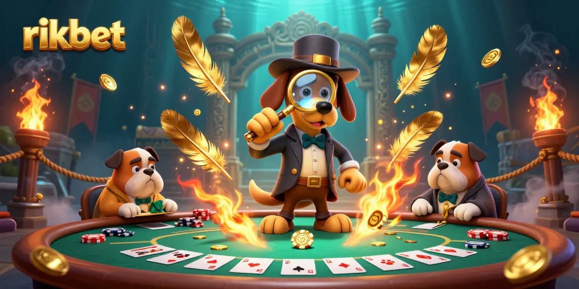 Engage with rikbet's thrilling poker scene featuring a detective and clues in a vibrant casino.