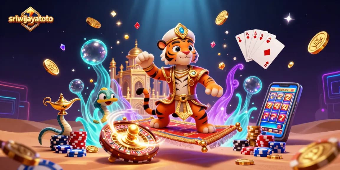 Sriwijayatoto enchants players in a vibrant 3D casino scene filled with slot reels, treasures, and magic.