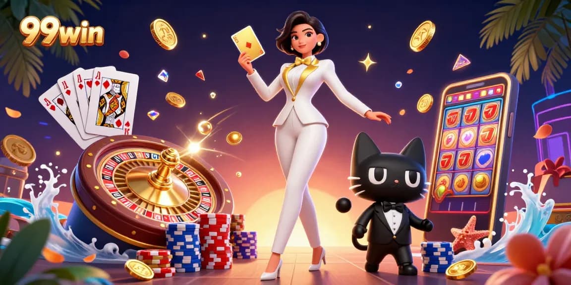 Engage in thrilling gameplay with 99win, featuring a glamorous dealer and cards in action.