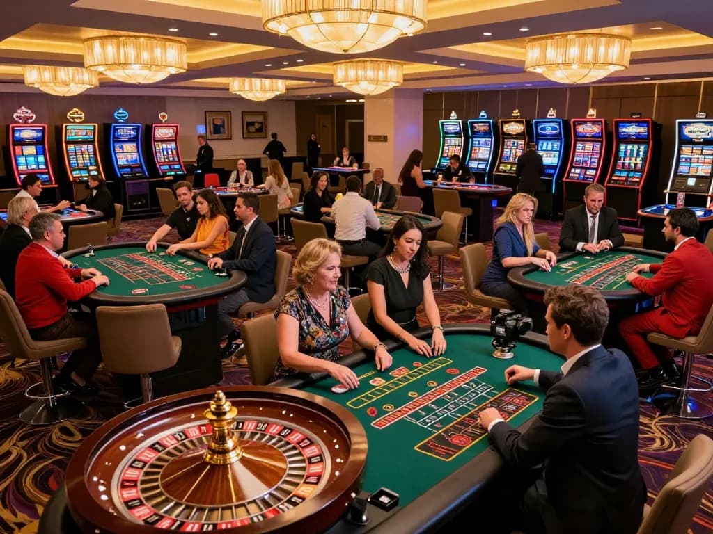 Experience the thrill of debet gaming action with players at a modern casino, showcasing vibrant gameplay.
