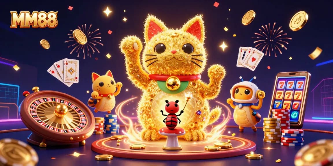 Engage with MM88's lucky cat amidst golden coins and vibrant gambling symbols for an exciting casino experience.