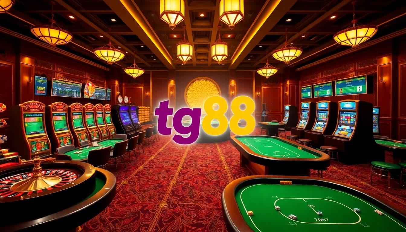 Exciting gambling action at tg88.com casino with vibrant slot machines and poker games.
