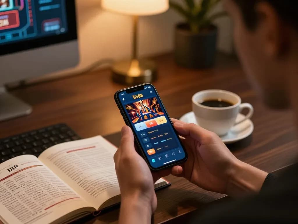 Playing the LV88 casino app on a smartphone in a cozy atmosphere