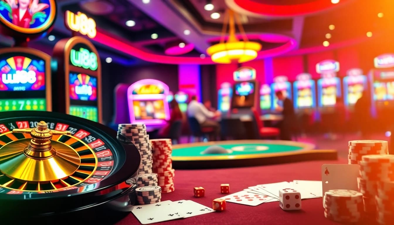 Exciting gambling scene at uu88 with roulette, cards, and poker chips.