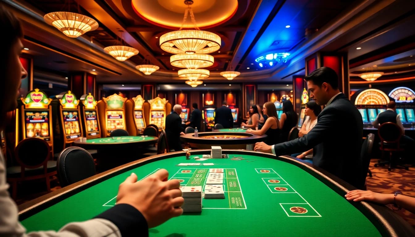 Players enjoying a thrilling game at 33win casino with vibrant tables and slot machines.