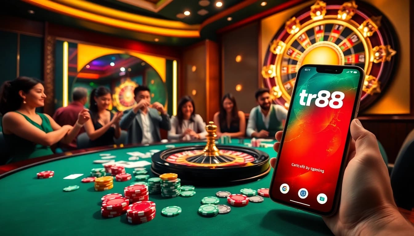 Players placing bets at a high-stakes tr88 casino table filled with vibrant chips and cards.
