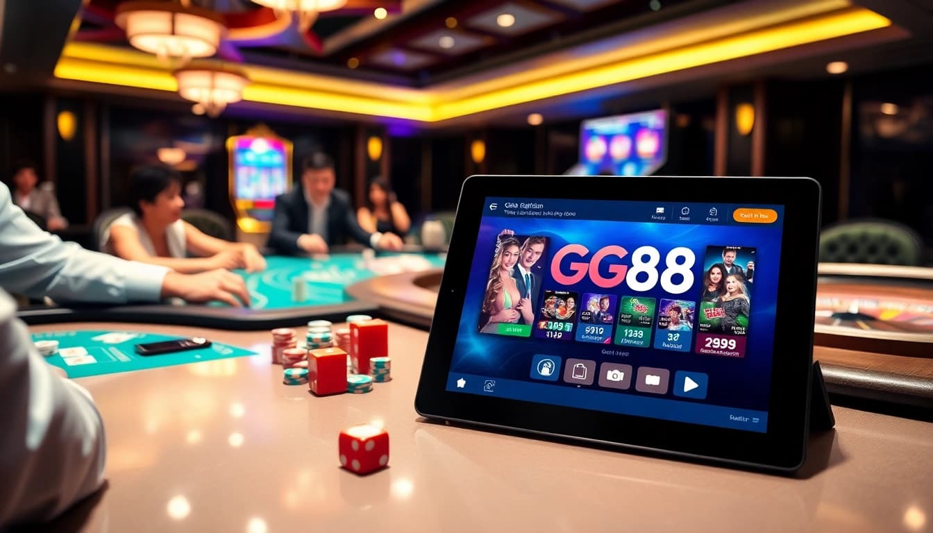 Experience the thrill of the GG88 game at luxurious casino tables with vibrant chips and glowing slots.