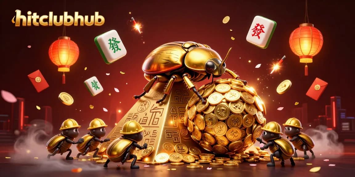 A vibrant and lively casino scene featuring the hitclubhub golden beetle rolling coins, surrounded by festive gaming elements.